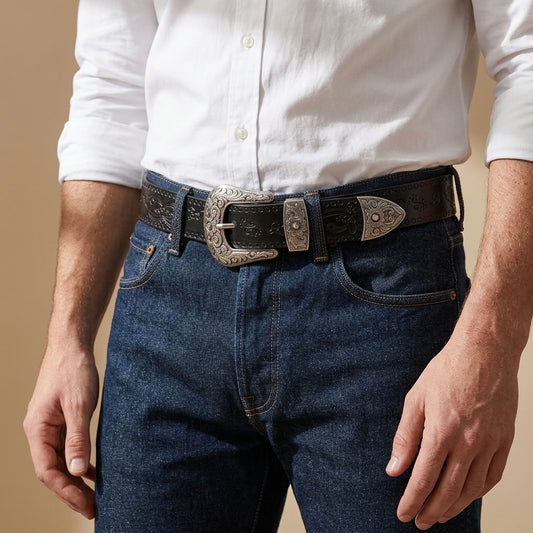 Ceinture en cuir gravé noir "Le Cavalier" VALMONT