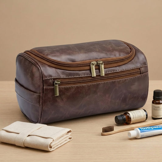 Trousse de Toilette en Cuir VALMONT en situation de voyage