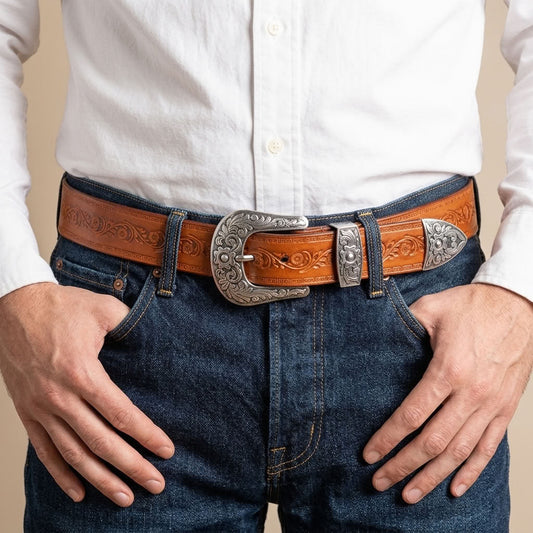 Ceinture en cuir gravé marron "Le Cavalier" VALMONT