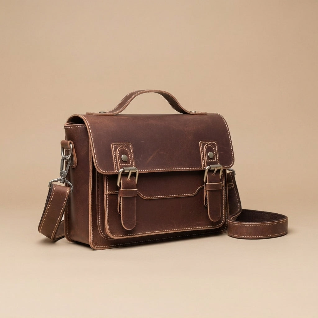 Sac Messager Rétro Cuir Crazy Horse VALMONT, structure rigide