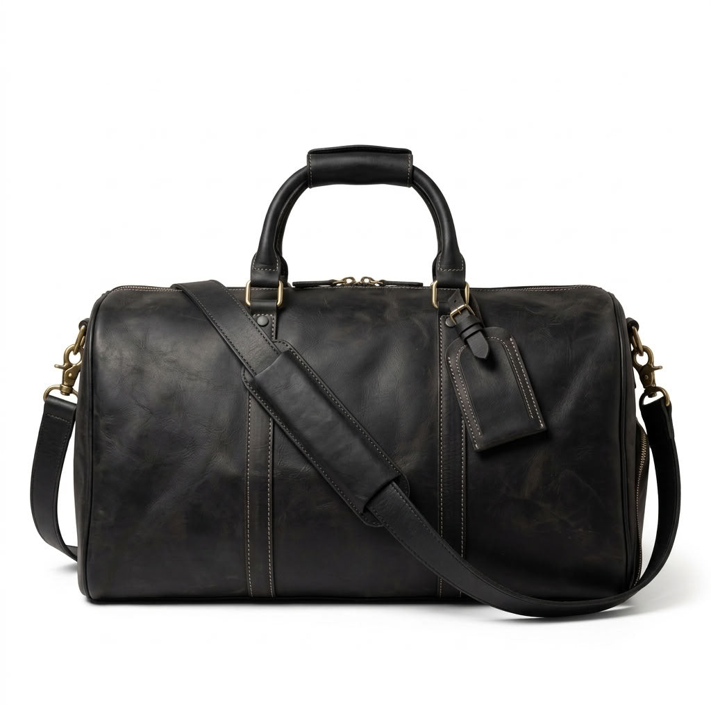 Sac weekender en cuir pleine fleur noir sans logo VALMONT, esprit quiet luxury