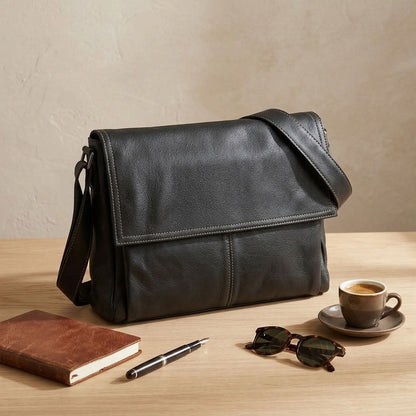 Sacoche Bandoulière Homme en Cuir de Vachette Noir "Le Correspondant" VALMONT