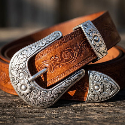 Ceinture en cuir gravé marron "Le Cavalier" VALMONT