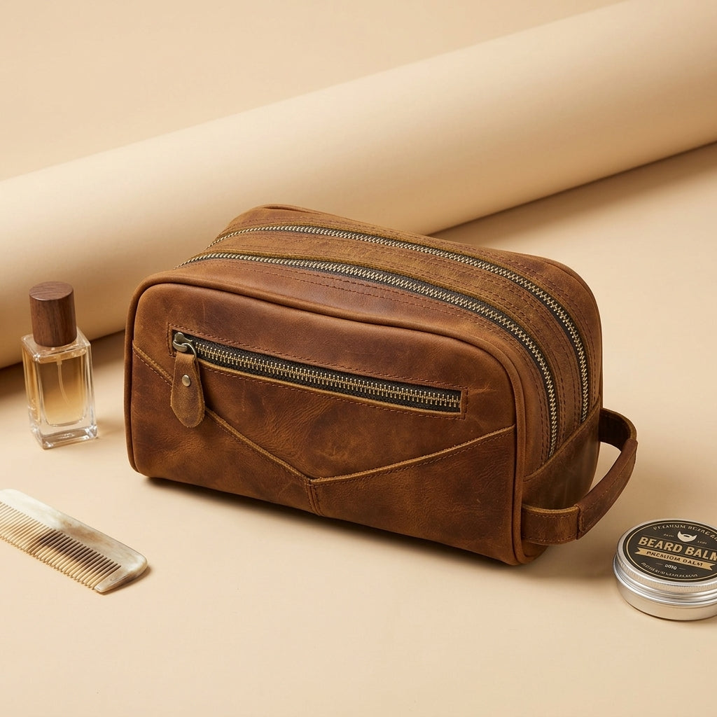 Trousse de toilette cuir homme VALMONT | Crazy Horse marron vintage