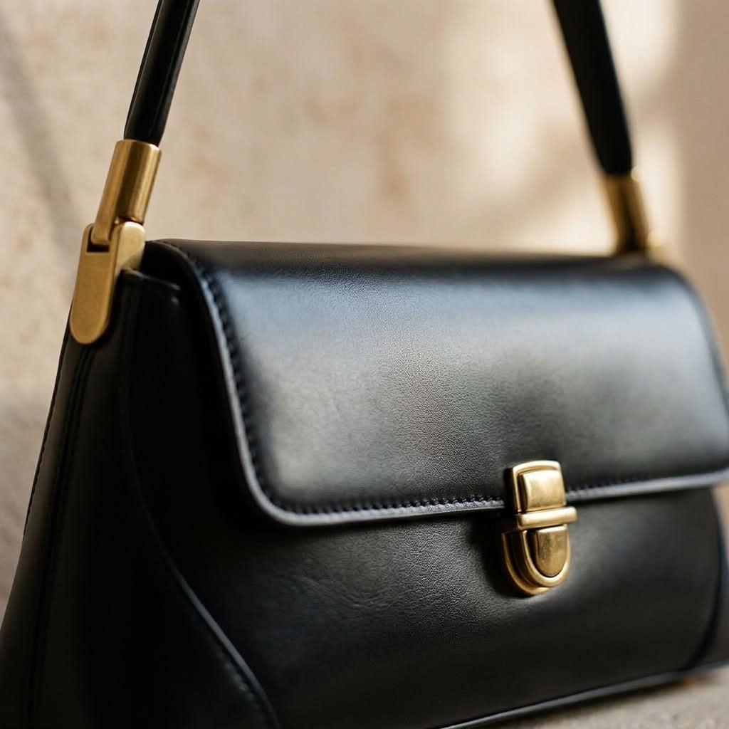 Petit sac épaule rétro femme en cuir de vachette noir "Iris" VALMONT