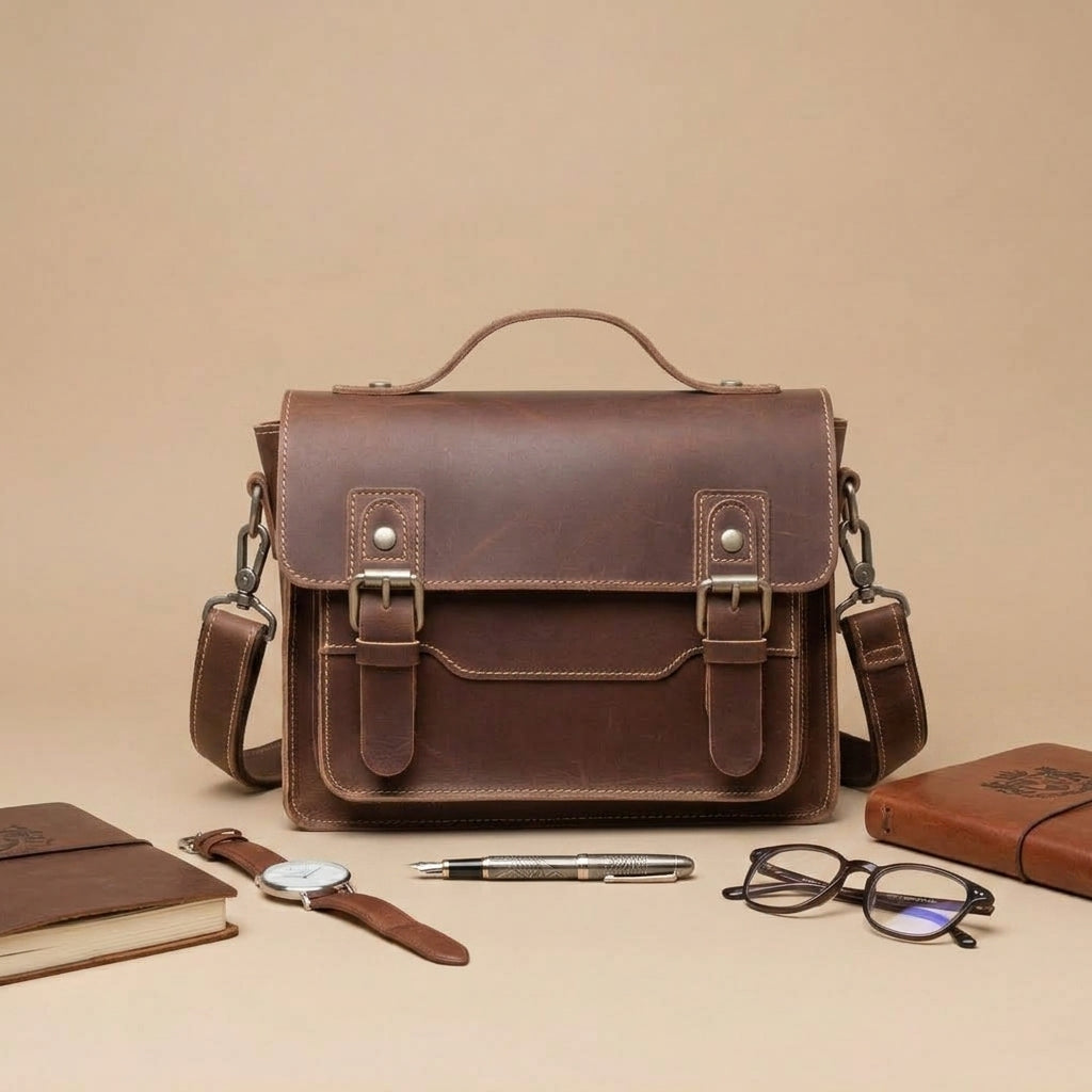 Sac Messager Rétro en Cuir Crazy Horse Marron | VALMONT VALMONT