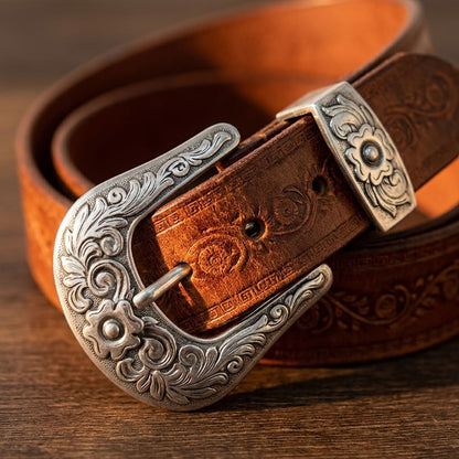 Ceinture en cuir gravé marron "Le Cavalier" VALMONT