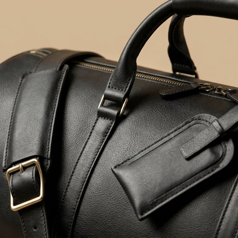 Sac Weekender VALMONT Cuir Pleine Fleur Noir, vue de profil