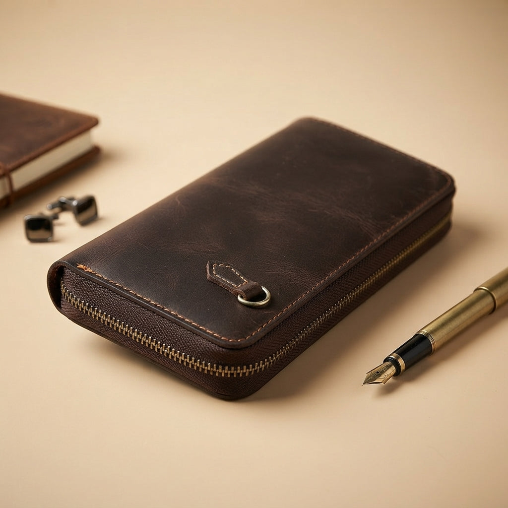 Portefeuille Long Zippé Vintage VALMONT, mise en scène