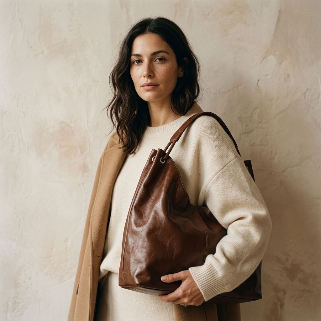 Sac hobo femme en cuir de vachette grand format marron "Héloïse" VALMONT