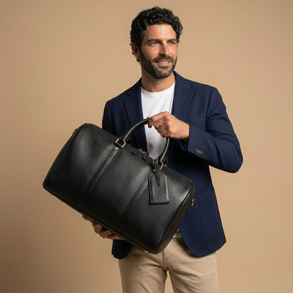 Sac Weekender VALMONT Cuir Pleine Fleur Noir, photo studio