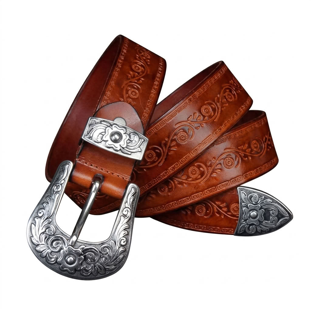 Ceinture en cuir gravé marron "Le Cavalier" VALMONT