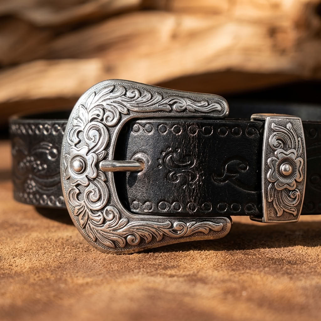 Ceinture en cuir gravé noir "Le Cavalier" VALMONT