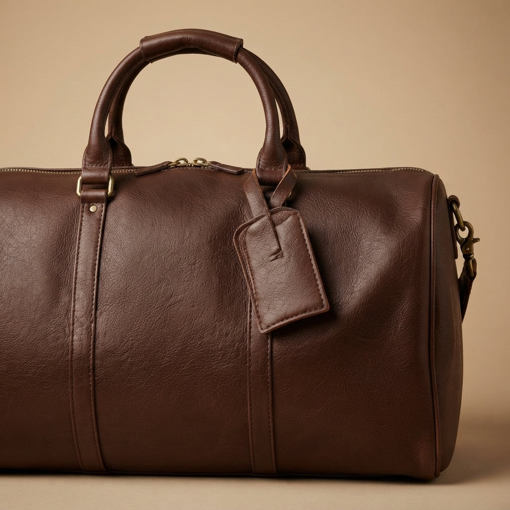 Sac Weekender VALMONT Cuir Pleine Fleur Café, détail du cuir