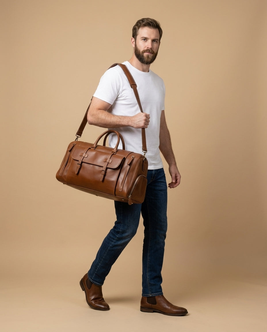 Sac Weekender VALMONT Cuir Crazy Horse Marron, vue de profil