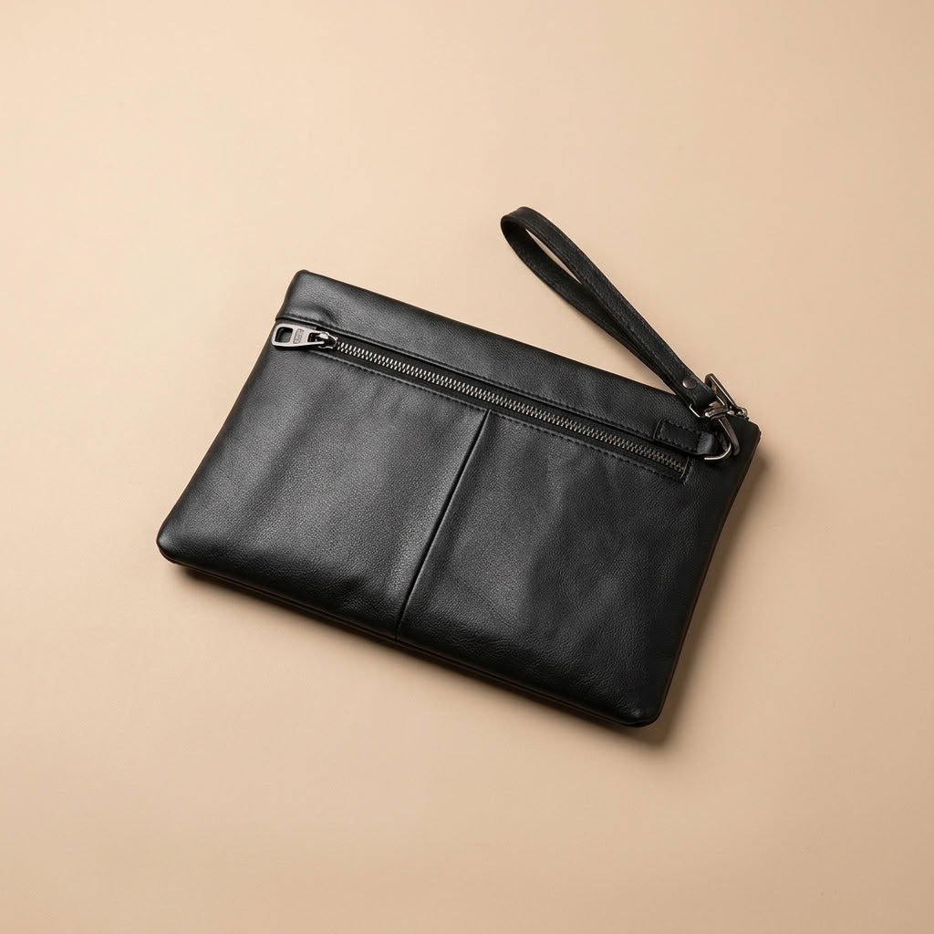 Pochette Homme en Cuir Noir avec Dragonne "L'Émissaire" VALMONT
