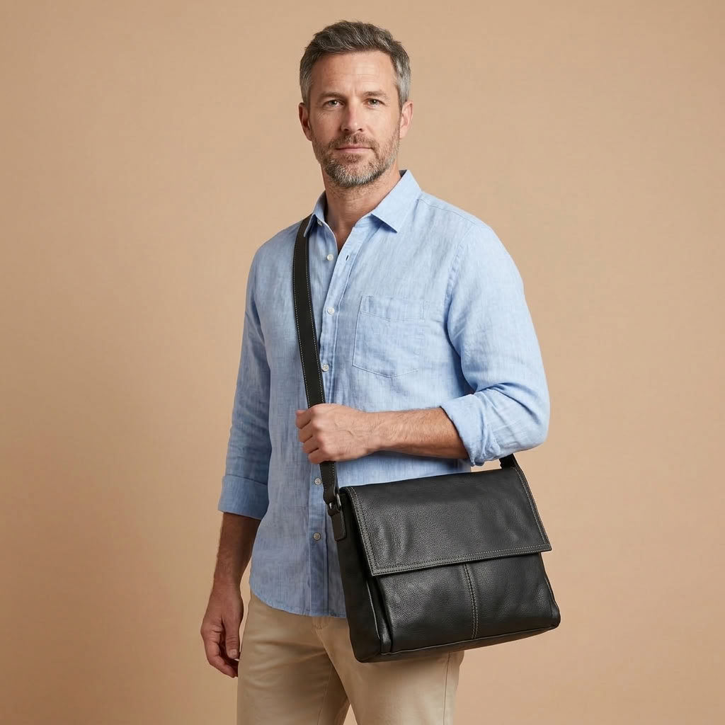 Sacoche Bandoulière Homme en Cuir de Vachette Noir "Le Correspondant" VALMONT