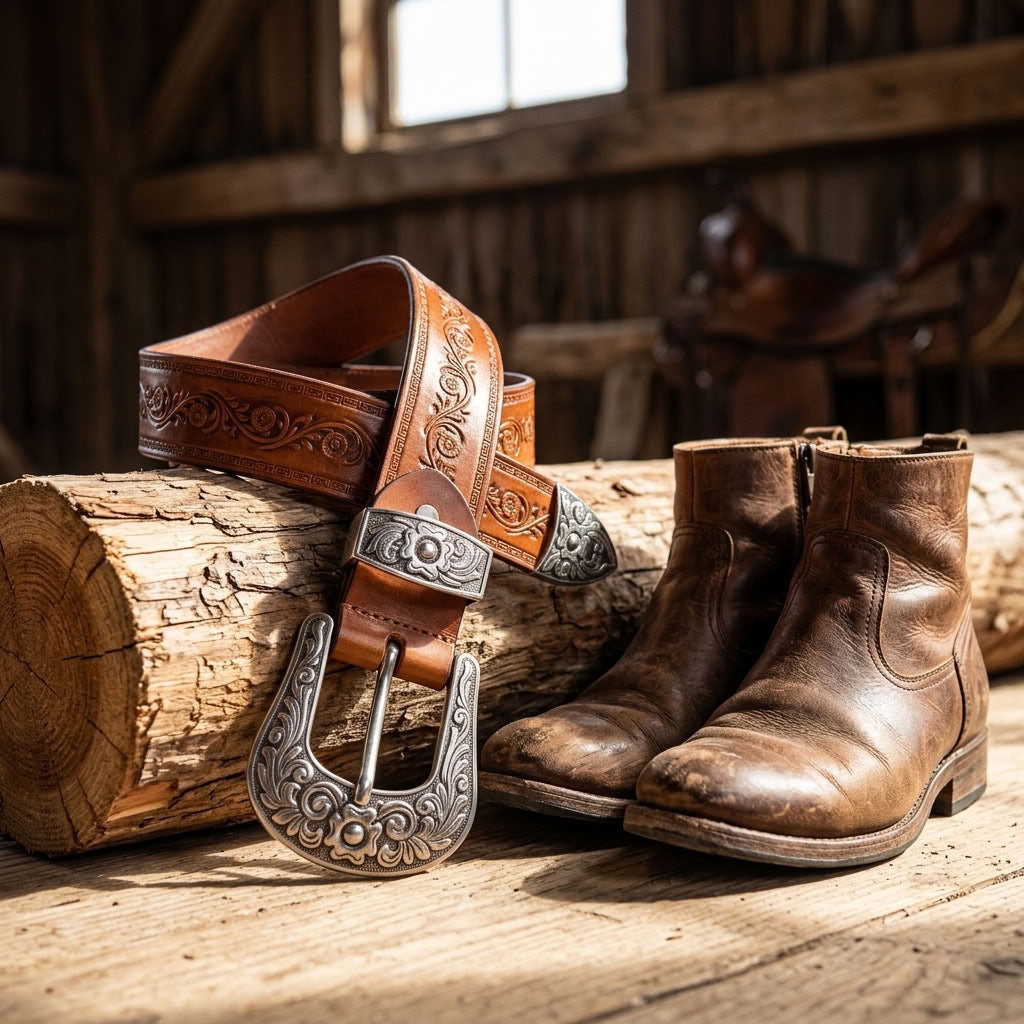 Ceinture en cuir gravé marron "Le Cavalier" VALMONT
