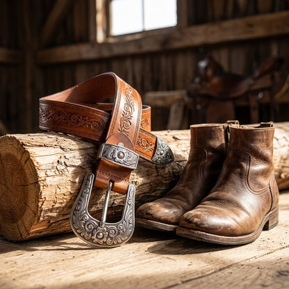 Ceinture en cuir gravé marron "Le Cavalier" VALMONT