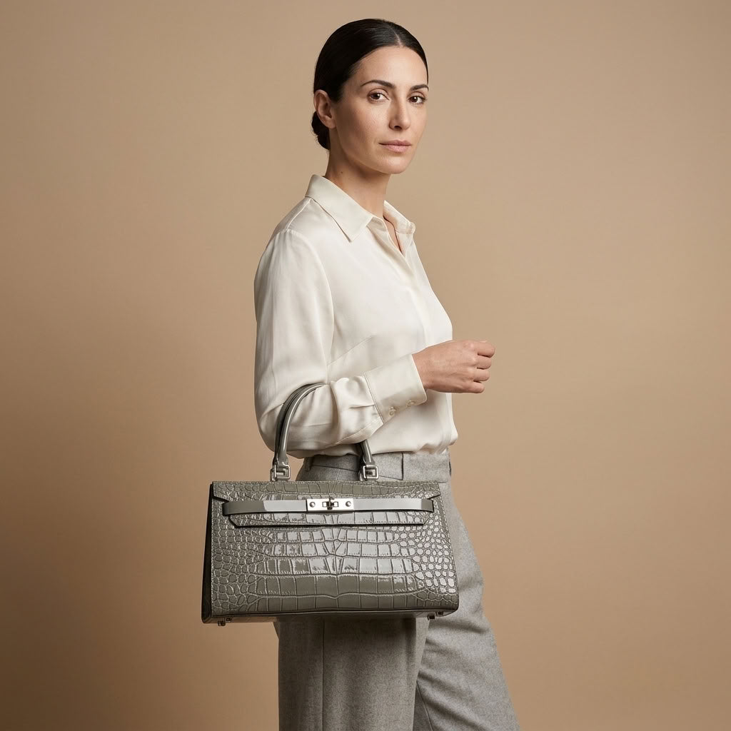 Sac à main femme cuir façon croco gris "Livia" VALMONT