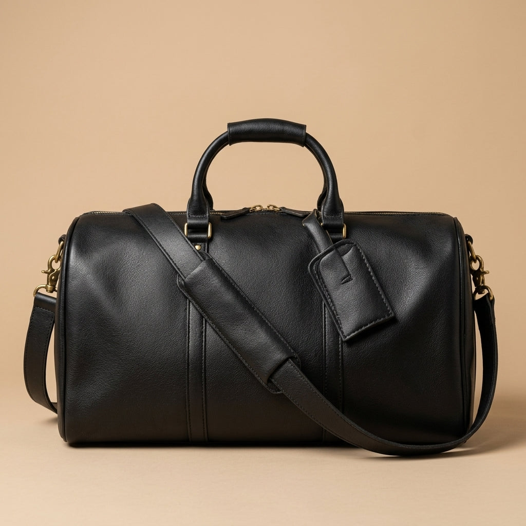 Sac Weekender VALMONT Cuir Pleine Fleur Noir, poignées et bandoulière
