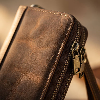 Pochette portefeuille cuir homme double zip marron VALMONT
