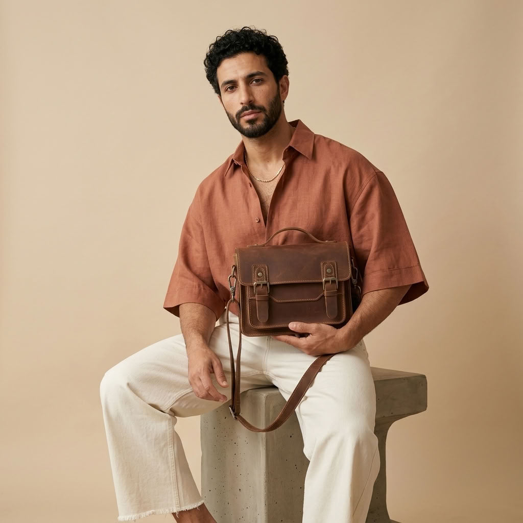 Sac Messager Rétro Cuir Crazy Horse  Marron VALMONT en situation
