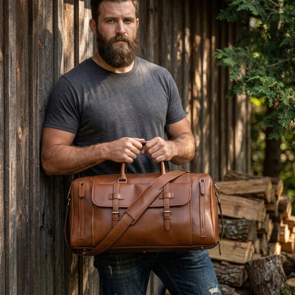 Sac Weekender VALMONT Cuir Crazy Horse Marron porté en situation