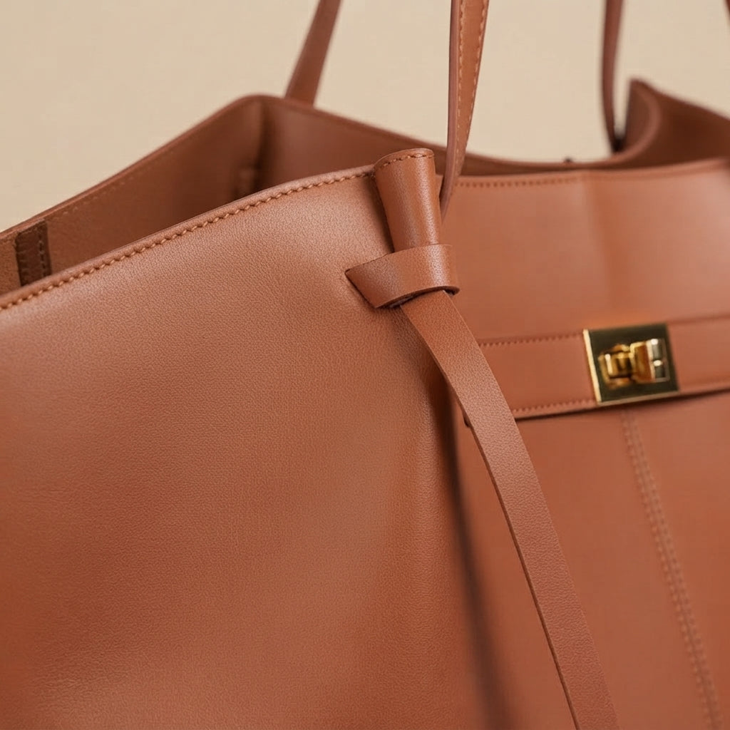 Sac Cabas Ailé VALMONT marron, détail du cuir