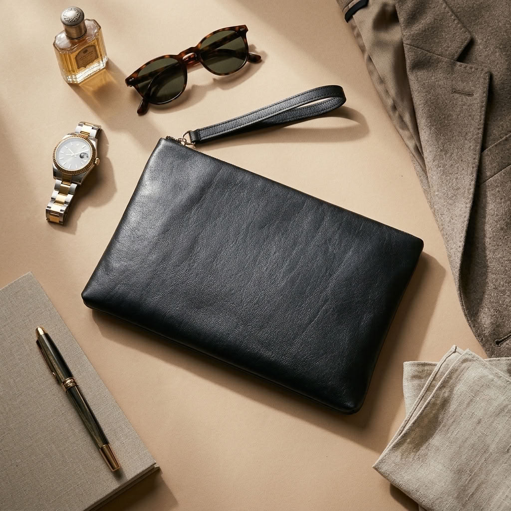 Pochette Homme en Cuir Noir avec Dragonne "L'Émissaire" VALMONT
