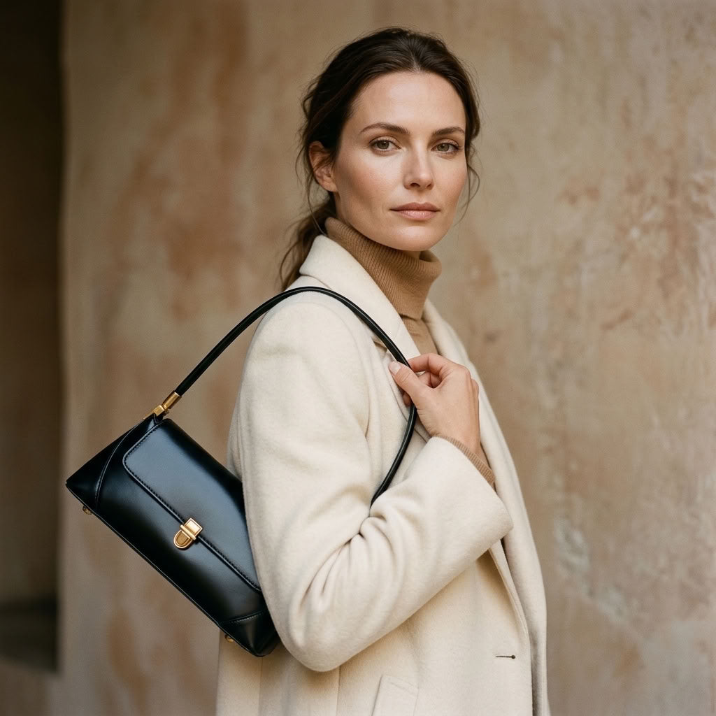 Petit sac épaule rétro femme en cuir de vachette noir "Iris" VALMONT
