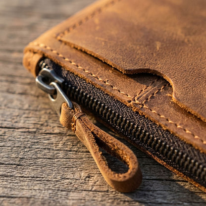 Mini Portefeuille Cuir Crazy Horse Zippé Marron | VALMONT VALMONT