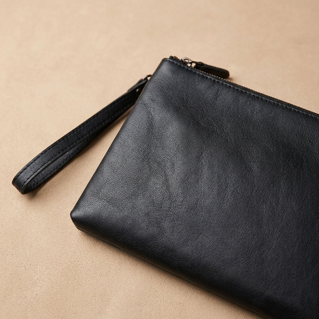 Pochette Homme en Cuir de Vachette Noir avec Dragonne "L'Émissaire" VALMONT