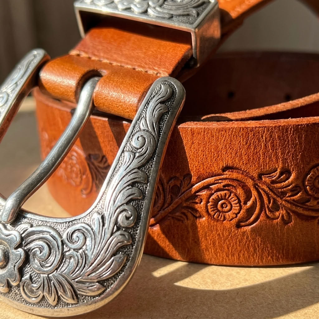 Ceinture en cuir gravé marron "Le Cavalier" VALMONT