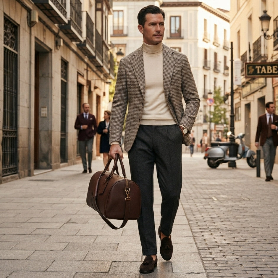 Sac Weekender VALMONT Cuir Pleine Fleur Café porté en situation lifestyle