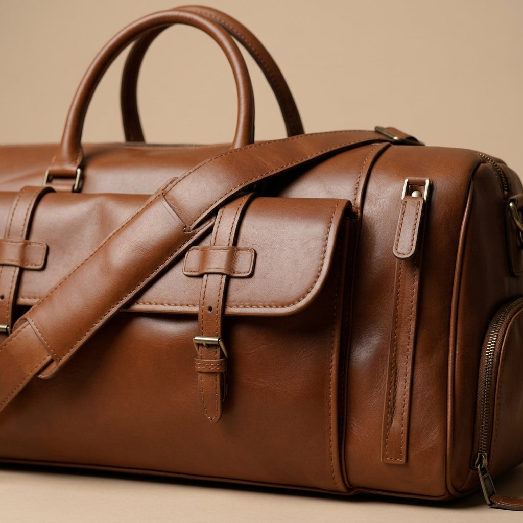 Sac Weekender VALMONT Cuir Crazy Horse Marron, détail du grain de cuir