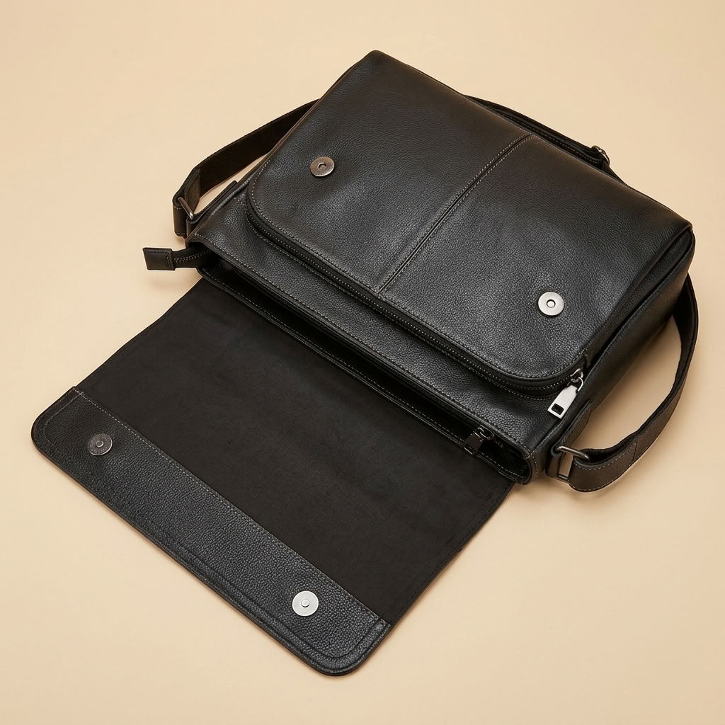 Sacoche Bandoulière Homme en Cuir de Vachette Noir "Le Correspondant" VALMONT