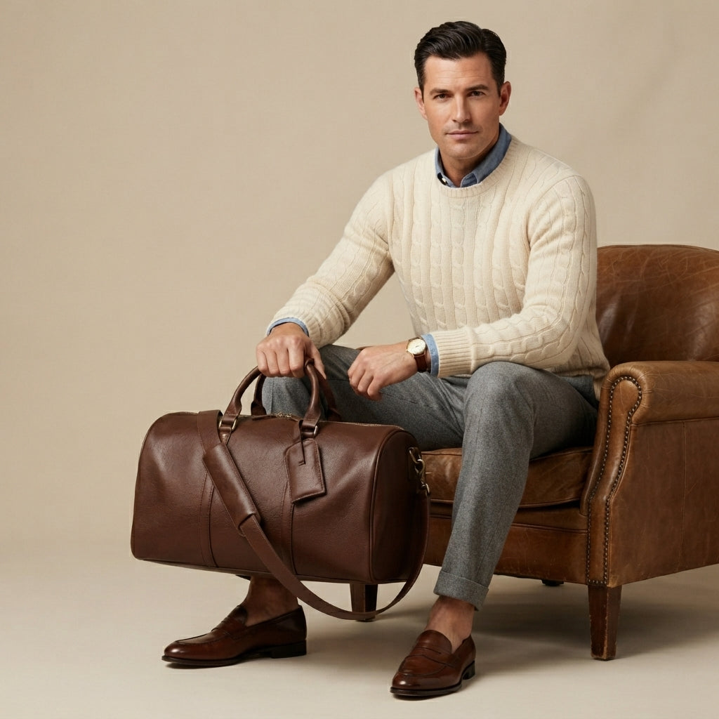 Sac Weekender VALMONT Cuir Pleine Fleur Café porté en situation