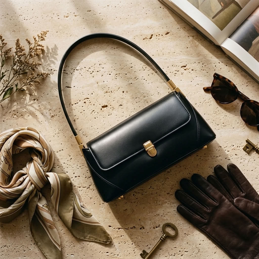 Petit sac épaule rétro femme en cuir de vachette noir "Iris" VALMONT