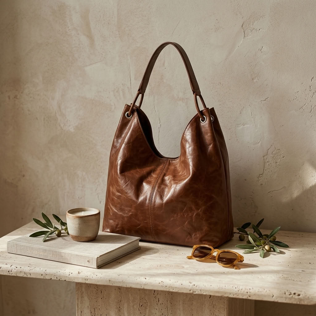 Sac hobo femme en cuir de vachette grand format marron "Héloïse" VALMONT