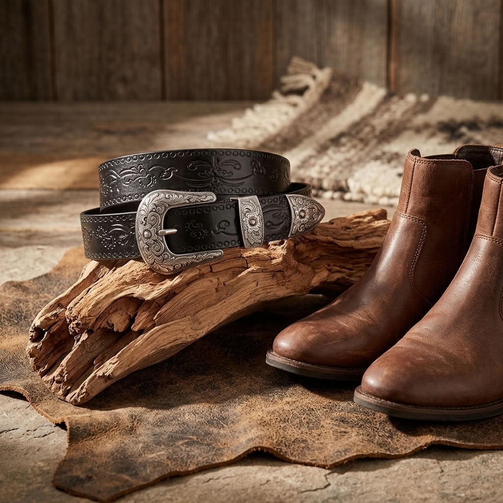 Ceinture en cuir gravé noir "Le Cavalier" VALMONT