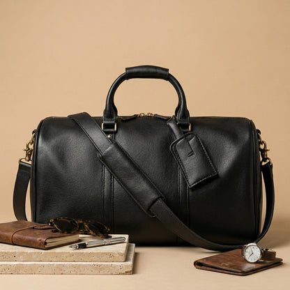 Sac Weekender VALMONT Cuir Pleine Fleur Noir, compartiment ouvert