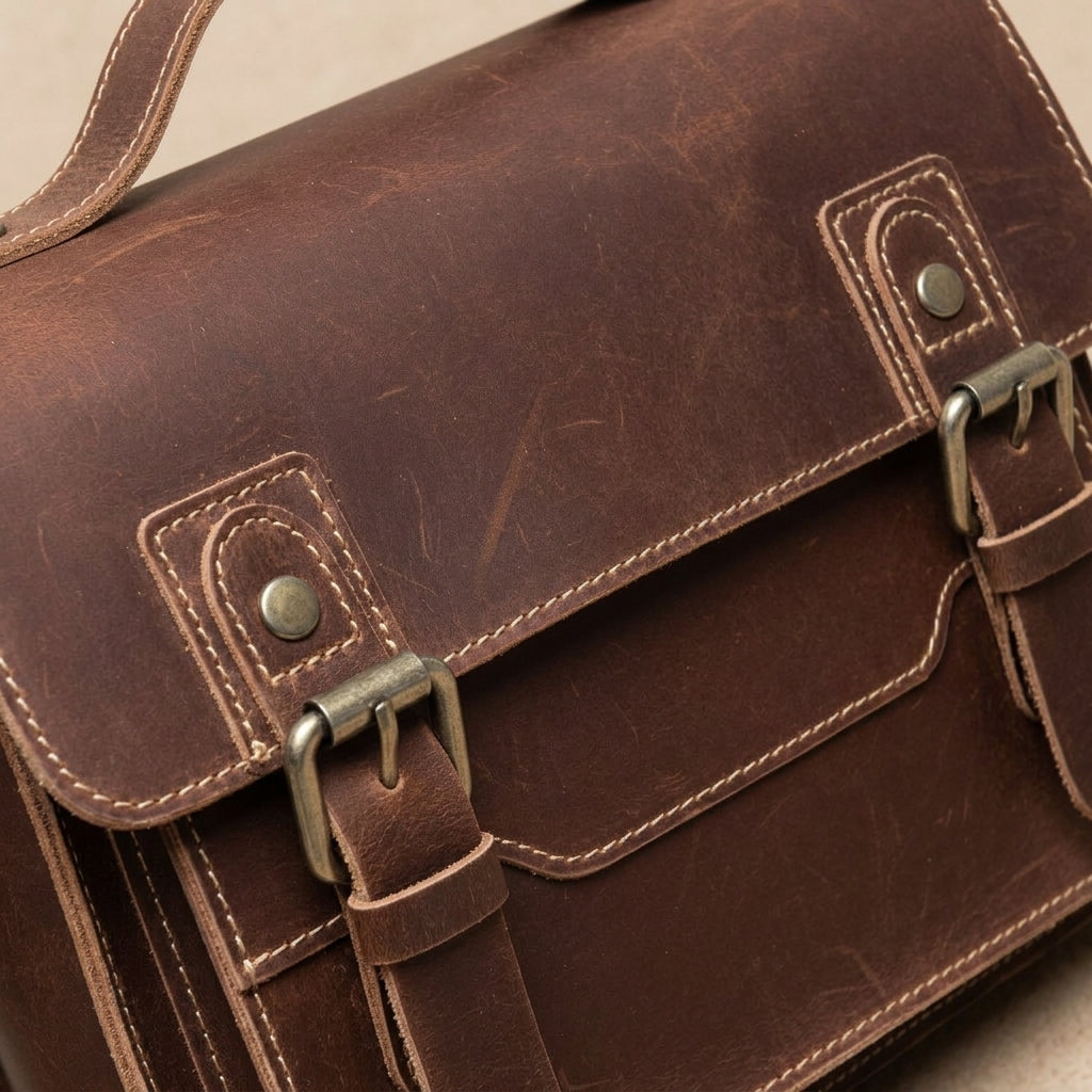 Sac Messager Rétro Cuir Crazy Horse VALMONT, finitions métalliques