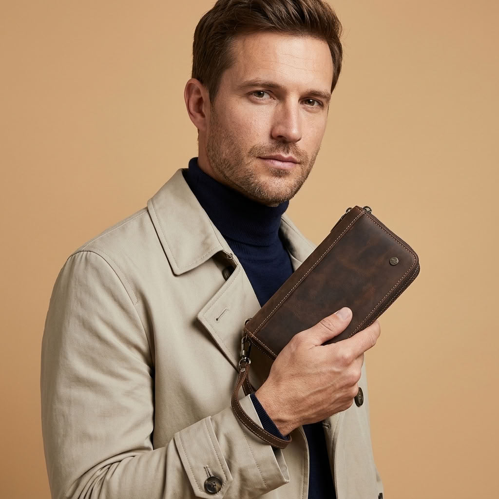 Pochette portefeuille cuir homme double zip marron VALMONT